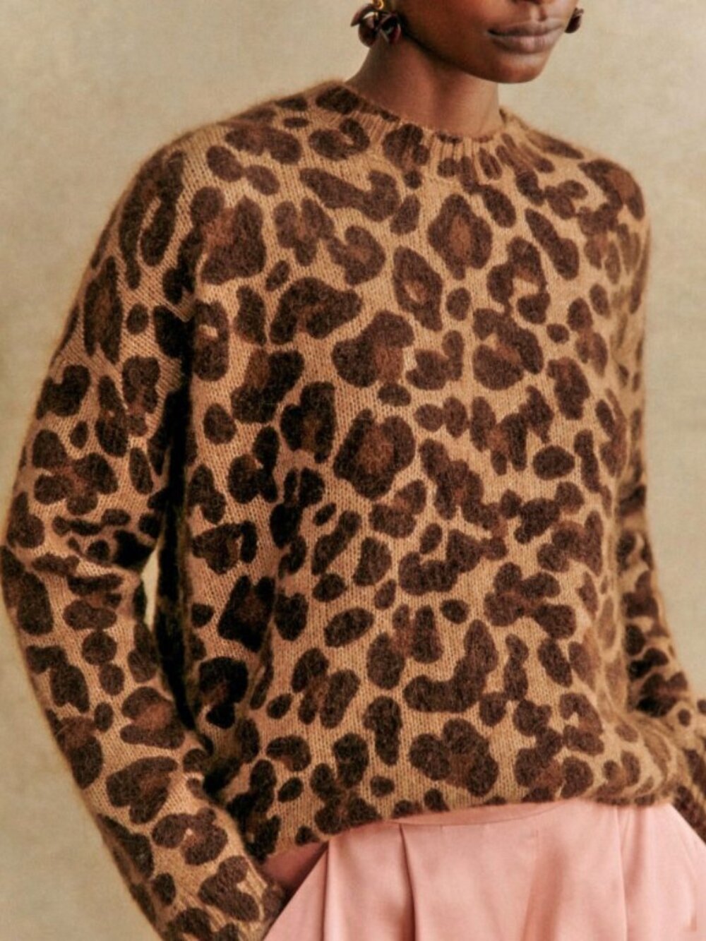 Like New Sezane Giani Leopard Mohair Wool Sweater Brown Medium